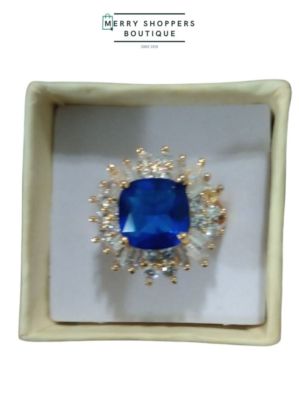 Faux Gold Sapphire and CZ Ring